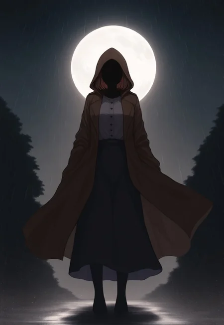 solo, ethereal, ultra-detailed, cinematic lighting, halfturned, particles, mesmerizing, fullbody, horror,
rain, moon, moonlight
no face, fully shadowed face,
1girl, short brown hair, grey blouse, dark long skirt, hood on, brown serif coat,
(748cmstyle:1.3),
masterpiece,best quality,amazing quality, detailed,