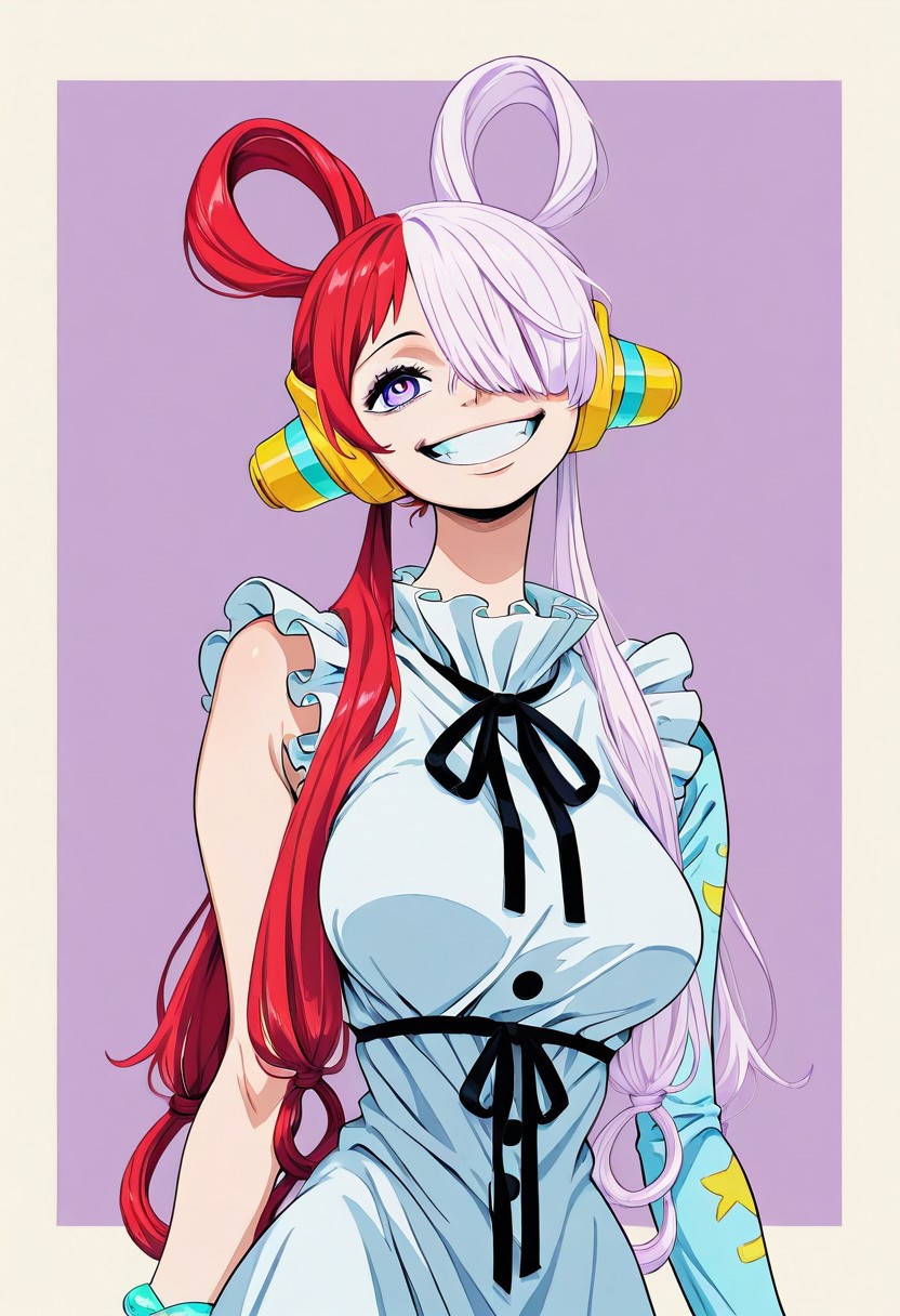 1girl, solo, aauta, long hair, split-color hair, hair rings, twintails, headphones, hair over one eye, one eye covered, purple eyes, breasts, neck ribbon, frills, white dress, single sleeve, bracelet ,portrait ,smiling outside border, masterpiece ,best quality ,amazing quality, neo_pop