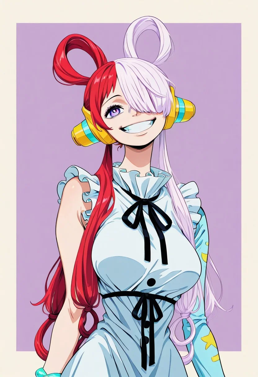 1girl, solo, aauta, long hair, split-color hair, hair rings, twintails, headphones, hair over one eye, one eye covered, purple eyes, breasts, neck ribbon, frills, white dress, single sleeve, bracelet ,portrait ,smiling outside border, masterpiece ,best quality ,amazing quality, neo_pop