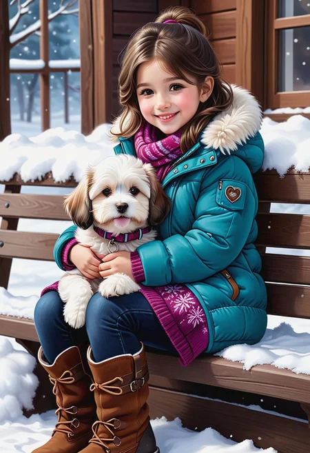 painting of a full body shot cute little smiling girl cuddling her white havanese puppy with brown ears she is wearing warm clothes and cute boots, they are sitting on a bench in the snow and the image is intricately detailed, vivid bright colors, artgerm UHD