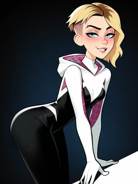 score_9, score_8_up, score_7_up, score_6_up, score_5_up, score_4_up,
BREAK
1girl, gwen stacy, light blue eyes, shaved head, blonde hair, short hair, asymmetrical hair, black eyeliner, seductive smile, smugm, eyebrow piercing, half-closed eyes, blush, adult,
BREAK
solo, standing, leaning forward, arched back, small breasts, bodysuit, spider-gwen, black leggings, skinny,
BREAK
black background, <lora:Lunas-Loodncrood-SDXL-A1:1>