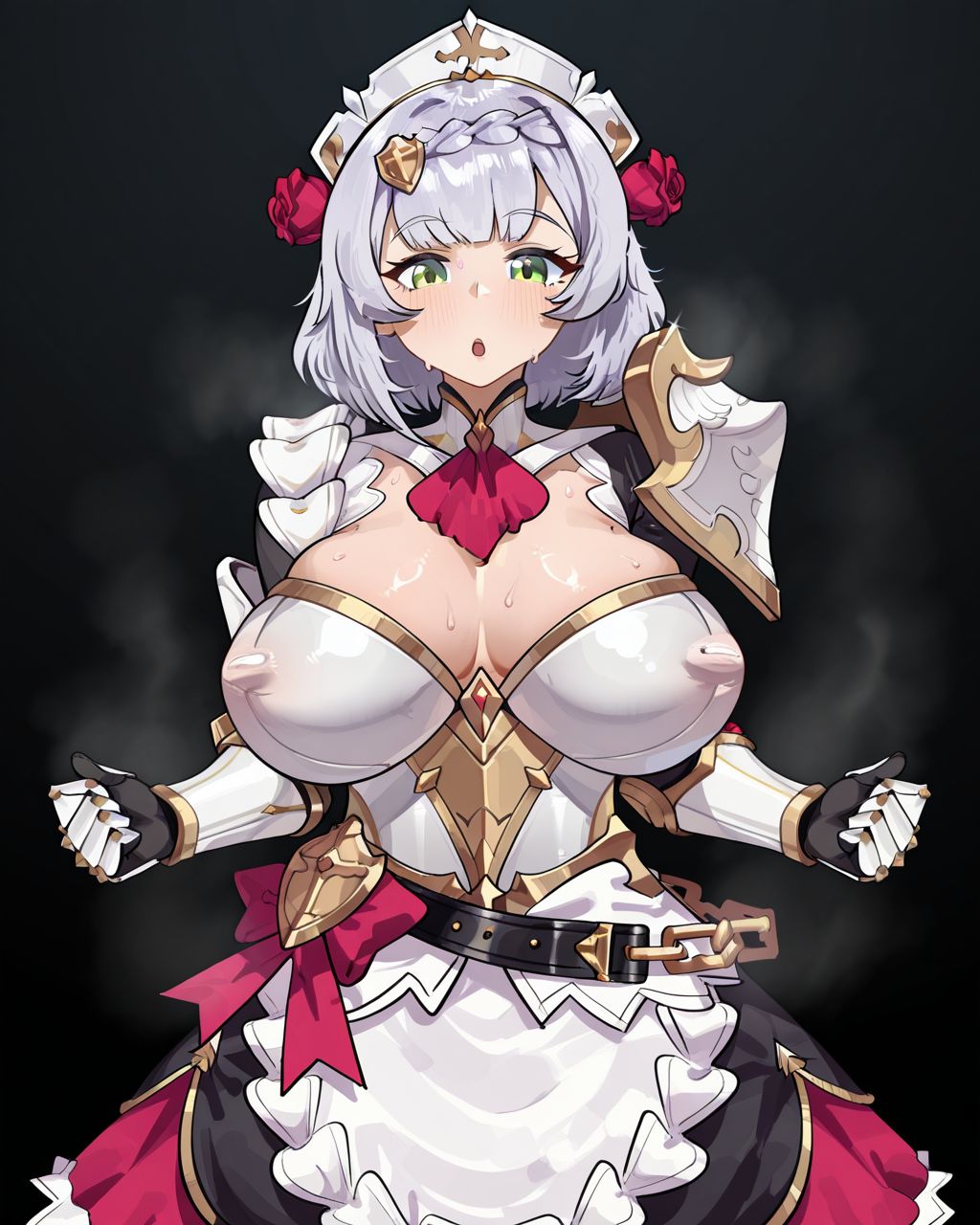 1girl, solo, noelle \(genshin impact\),maid headdress,hair ornament,red rose,grey hair,braid,braided bangs,green eyes,armor,armored dress,asymmetrical clothes,boobplate,breastplate,gauntlets,apron,large breasts,covered nipples, :o, peterhl, steam, smell, steaming body, looking at viewer, cowboy shot, simple background, black background, masterpiece, best quality, very aesthetic, absurdres