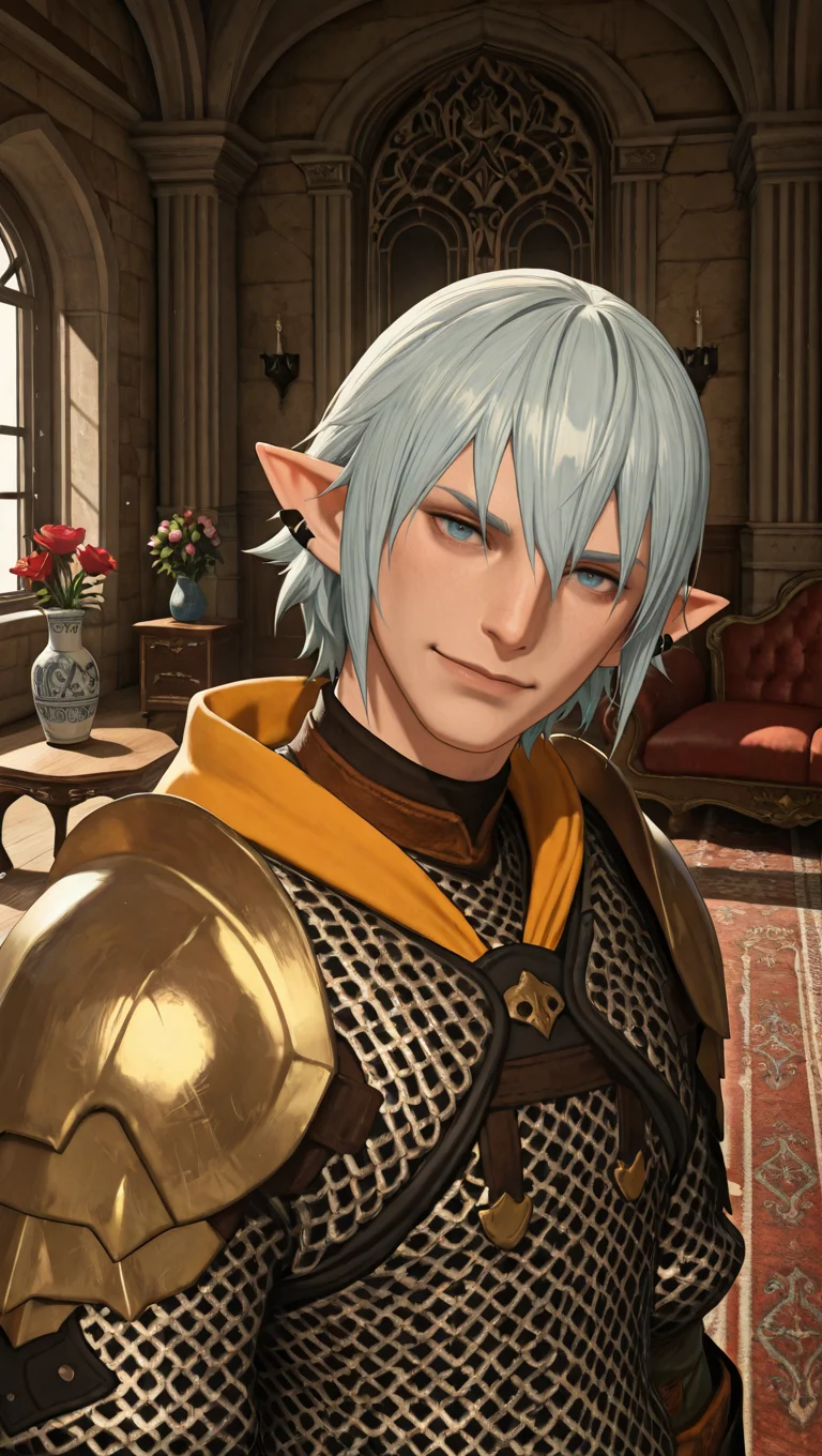 masterpiece,best quality,absurdres,newest,perfect quality,best quality,absolutely eye-catching,detailed background,male focus,solo,realistic,<lora:FFXIV - Haurchefant Greystone - Illustrious-000006:0.7>,hgreystone,1boy,adult male,elezen,pointy ears,silver blue hair,short hair,blue eyes,ear cuffs,chainmail armor,indoors,manor,sofa,looking at viewer,head tilt,vase,flowers,chairs,windows,rug,smile,portrait,