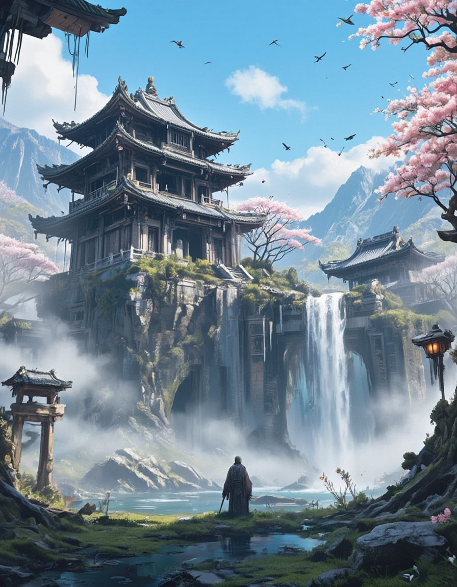 <lora:City_Worlds_02__Lost_-_Temple:1> cw02lost, a forgotten, asian old temple on a mountain, fog, misty mountains, waterfall, lanterns, pond, cherry blossom, giant roots, birds, sunny day, blue sky, clouds, sun shades, old master under the waterfall