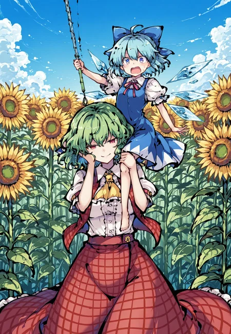 safe_pos, source_anime, high res image, masterpiece, perfect quality, best quality, newest, absurdres, highres, scenic, ultra detailed face, detailed eyes, accurate anatomy,
tokiame, ink,
sdxl_lightning_4step_lora_rank1,
HDR,
outdoor, blue sky, sunflower field, daytime, front view,
2girl, multiple girls, multiple different girls, 2 different girls,
female on bottom (kazami yuuka, green hair, holding another girl's body over own head, smile),
female right side (zzCirno, blue eyes, hair between eyes, ahoge, blue hair, hair bow, short hair, blue dress, puffy short sleeves, white shirt, bow, wings, short sleeves, ice wings, dress, shocked, swinging legs in air, holding a fish rod),
correct fingers