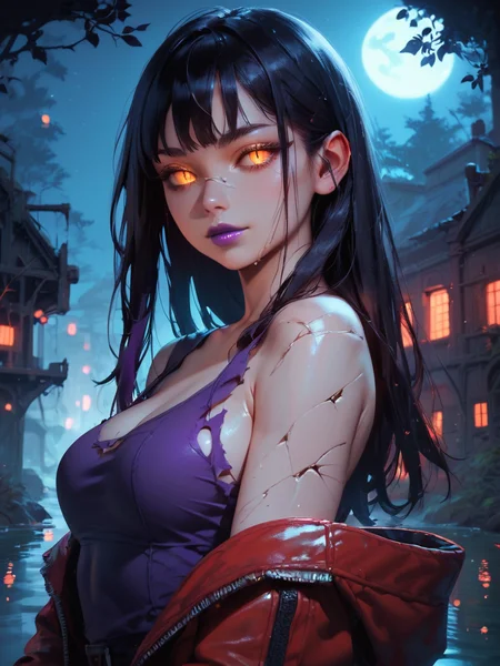 Score_9, score_8_up, score_7_up, score_6_up, score_5_up, solo, from behind, looking_back, looking at viewer, long hair, dark hair, upperbody, breasts, Glowing, collarbone, cracked skin, Glowing eyes, yellow eyes, single bare shoulder, torn clothes, purple lips, orange eyes, slit pupil, colored sclera, torn jacket, purple dress, red jacket, bettereyes, detailed_eyes,
Outdoors, swamp, cityscape, archaic, night sky, night, ruins, tree, city, gothic architecture, fog, mist,
<lora:Concept_Eye_Detail_-_Pony-000004:0.8> zPDXL2 <lora:g0th1cPXL:0.5>
