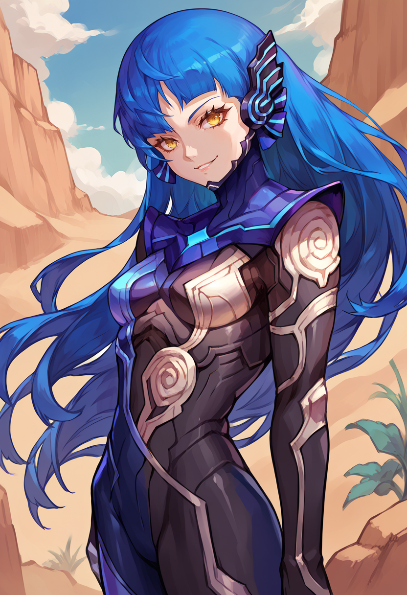 score_9, score_8_up, score_7_up, source_anime BREAK  solo, 1girl, smile, <lora:SmtV-Protag-pdxl_Fp-000008:1>, nahobino, long hair, blue hair, yellow eyes, bodysuit, armor, looking at viewer, desert, hair down,