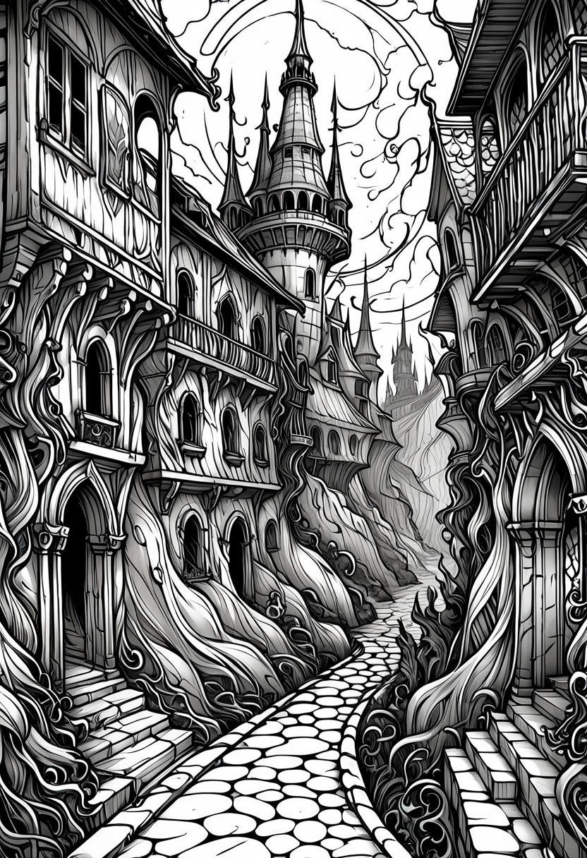 coloring page, line art, style by Raymond Swanland, fantasy art,  dream world,  eerie atmosphere