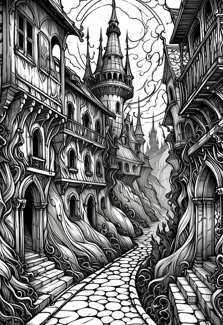 coloring page, line art, style by Raymond Swanland, fantasy art, dream world, eerie atmosphere