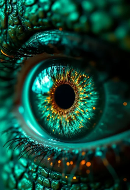 A super close-up of a woman’s eye, the iris now a shimmering dragon scale, with emerald greens and silvers overlapping like armor, tiny sparks of fire glinting inside. The pupil is a dark dragon eye slit, fierce and glowing, while the sclera has a faint scaly texture. The lighting is a bold, fiery green glow, captured with a Canon EOS 5DS R, .cr2 file, making the dragon scale fill the entire frame.
, aidmamj6.1, aidmaHyperrealism, aidmafluxpro1.1