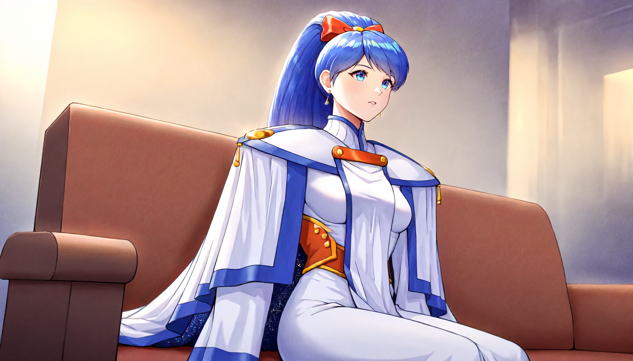 <lora:ML2_SakuyaRanzaiwaXLIllustrious004>,
masterpiece,best quality,good quality,newest,
indoors,indirect lighting,couch,glitter,
parted lips,
solo,
SakuyaRanzaiwa,1girl,blue hair,wide ponytail,hair bow,blue eyes,earrings,
breasts,
shoulder_pad,cape,robe,
sitting,