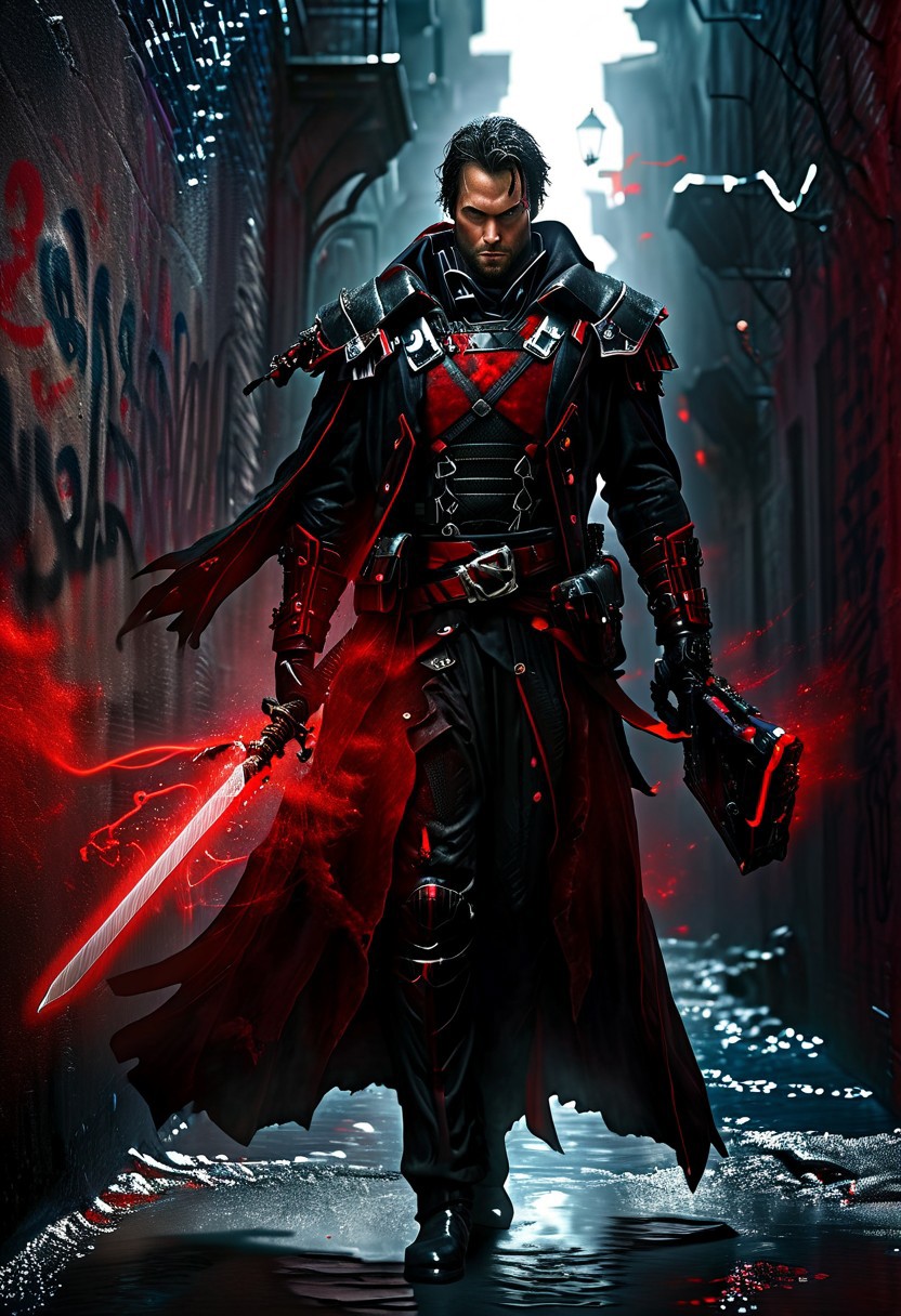(a nqstrman man in a black and red outfit, holding a power sword, in the dark shadowy city alley, long coat billowing, strange graffiti on walls, stern gaze), evening, darkness, (vignette), high quality, photo realistic, HD, hyperdetailed, Nikon 15mm f/1.8G, studio photography