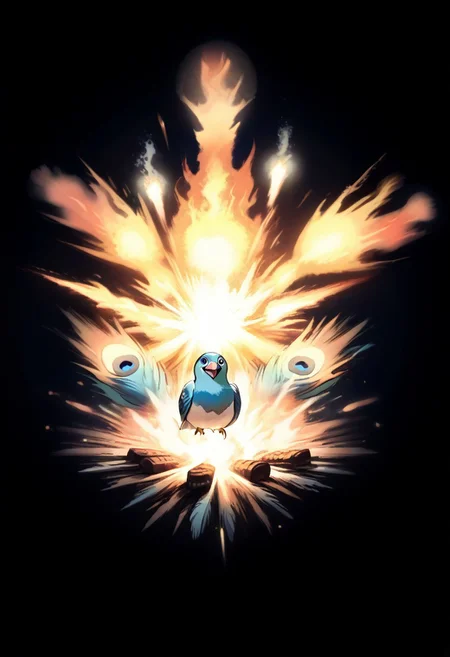 (a Peacock bird with sparkle eyes), smile, excited, masterpiece, best quality, good quality, newest, fire  explosion, crazy, creative