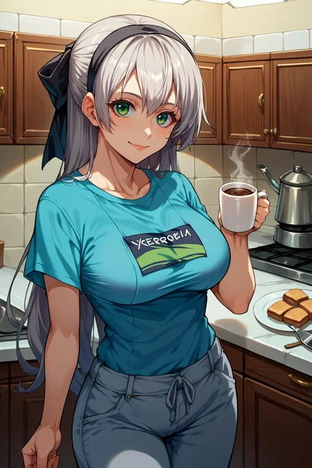score_9, score_8_up, score_7_up, score_6_up, source_anime, 1girl, solo, <lora:elie-pdxl-nvwls-v2:1> zeroelie, grey hair, long hair, green eyes, black hairband, hair ribbon, black ribbon, large breasts, blue t-shirt, grey pants, looking at you, smile, indoors, kitchen, coffee mug