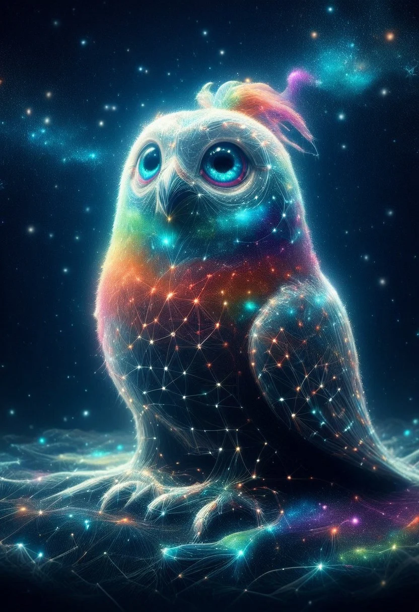 a cute chibby chicken mixed with a owl with big rainbow eyes made out of clay, it wears a cool rainbow bandana, very detailed, 4k, sharp, eating rainbow worms, novuschroma51 style, (starry night), starry_morph
