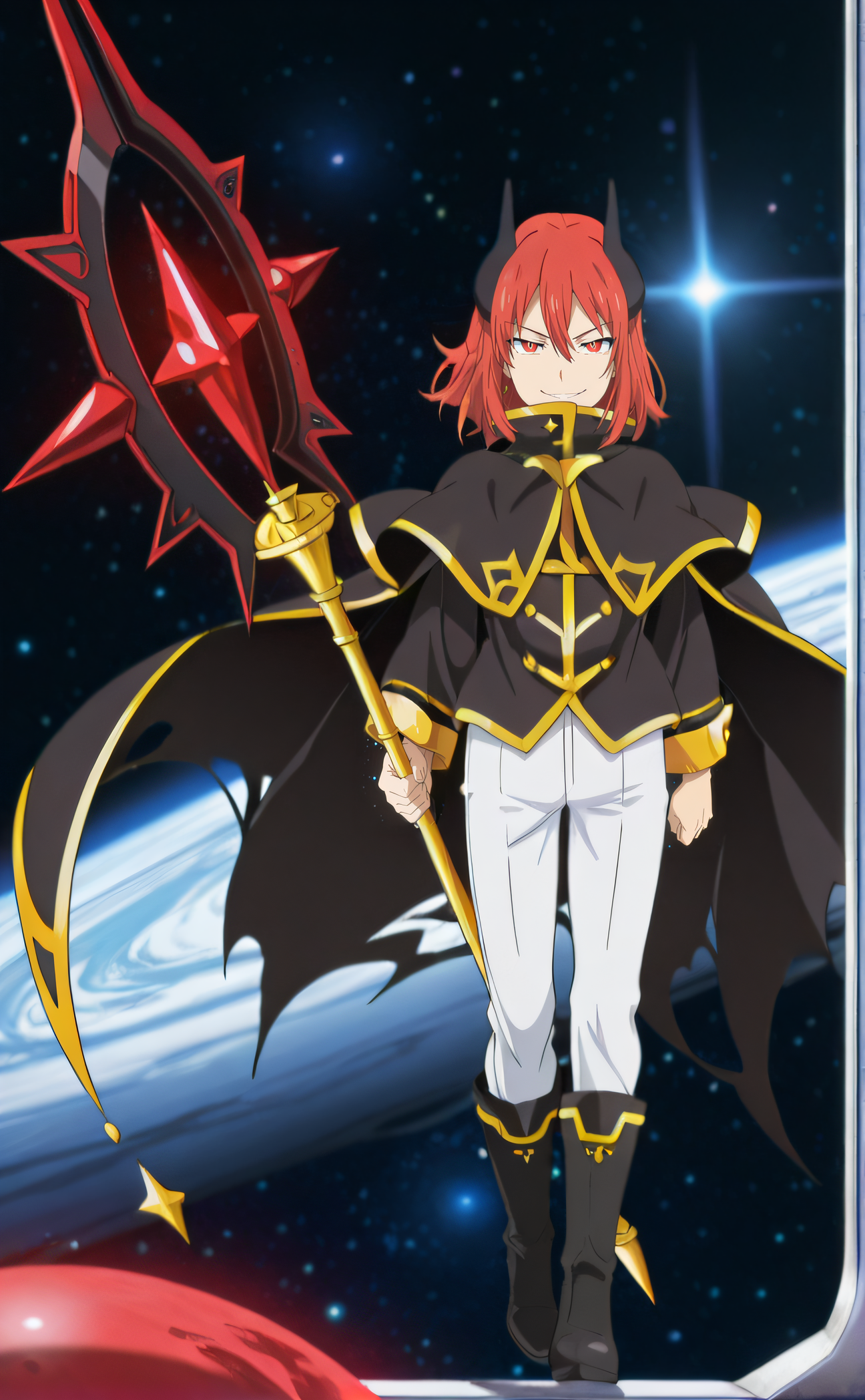 masterpiece, best quality, highres, newest, 1boy, solo, official style, anime screencap, <lora:IL_Minato:1>, hnpminato, red hair, red eyes, horns, black capelet, black cape, white pants, holding polearm, black boots, looking at viewer, evil smile, space, floating, full body