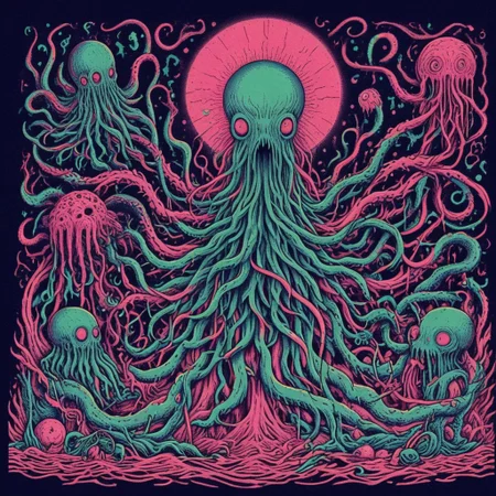 score_9, score_8_up, score_7_up, score_6_up, three_color_engraving, easynegative, cthulhu, neonnightmare, octopus tentacle, cosmic horror, BREAK, BREAK, background: (hell)