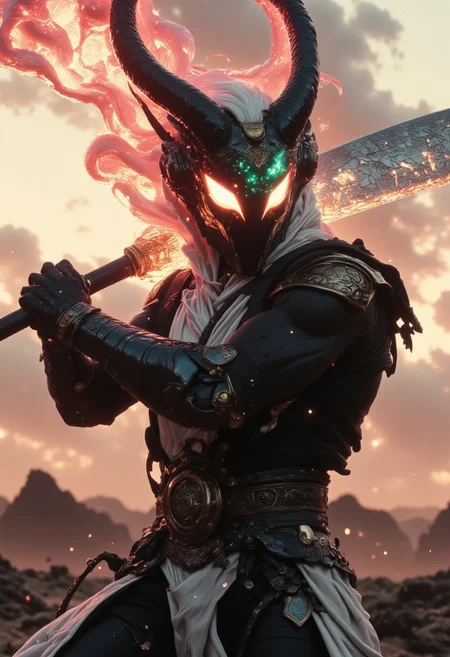 A apoclypse surreal cyberpunk setting under a gritty bleaked beige and pink/orange desert sunset, a Closeup Portrait of an eerie horned hkgod sci-fi shinobi scout with billowing octopus backpack in a sandstorm, their holographic crystalline mask glinting like shattered rainbows. Iridescent black amber teal energy veins pulse across their form. The atmosphere is thick with heat distortion, glowing particles floating in the air. dark atmospheric lighting, white cybernetic armor. Wielding a massive sss great sword with intricate translucent engravings