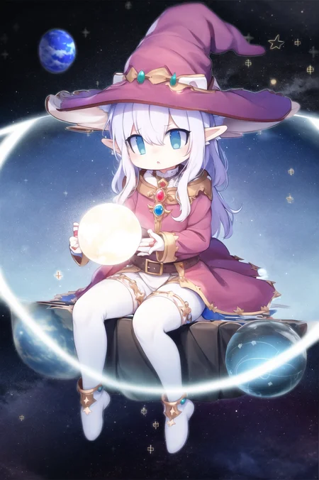 best quality, highres, 1girl, elf, witch hat, floating in space, energy sphere, light particles, shiny hair, shining stars, fantasy, <lora:loraYuqikunStyle_v1:0.89>