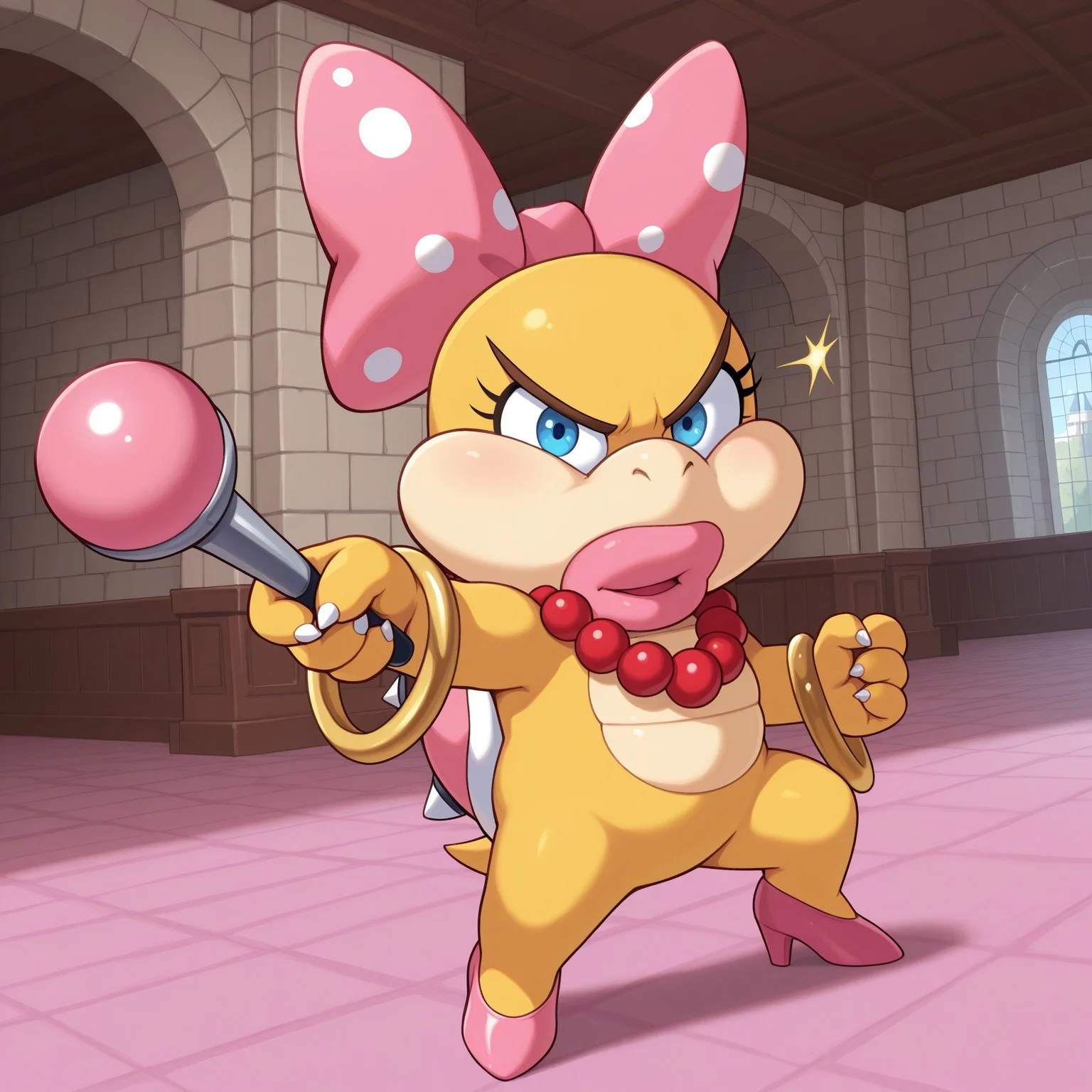 Wendy, solo, 1girl, female, pink and white polka dot bow, bow on head, bald, thin brown eyebrows, black eyelashes, blue eyes, shelled, pink spiked shell, short tail, golden rings on wrists, scalie, yellow skin, jewelry, red pearl necklace, claws, short tail, pink high-heels,
BREAK indoors, castle, holding wand, fighting stance, angry, looking at viewer
BREAK best quality, amazing quality, very aesthetic, absurdres, newest, masterpiece