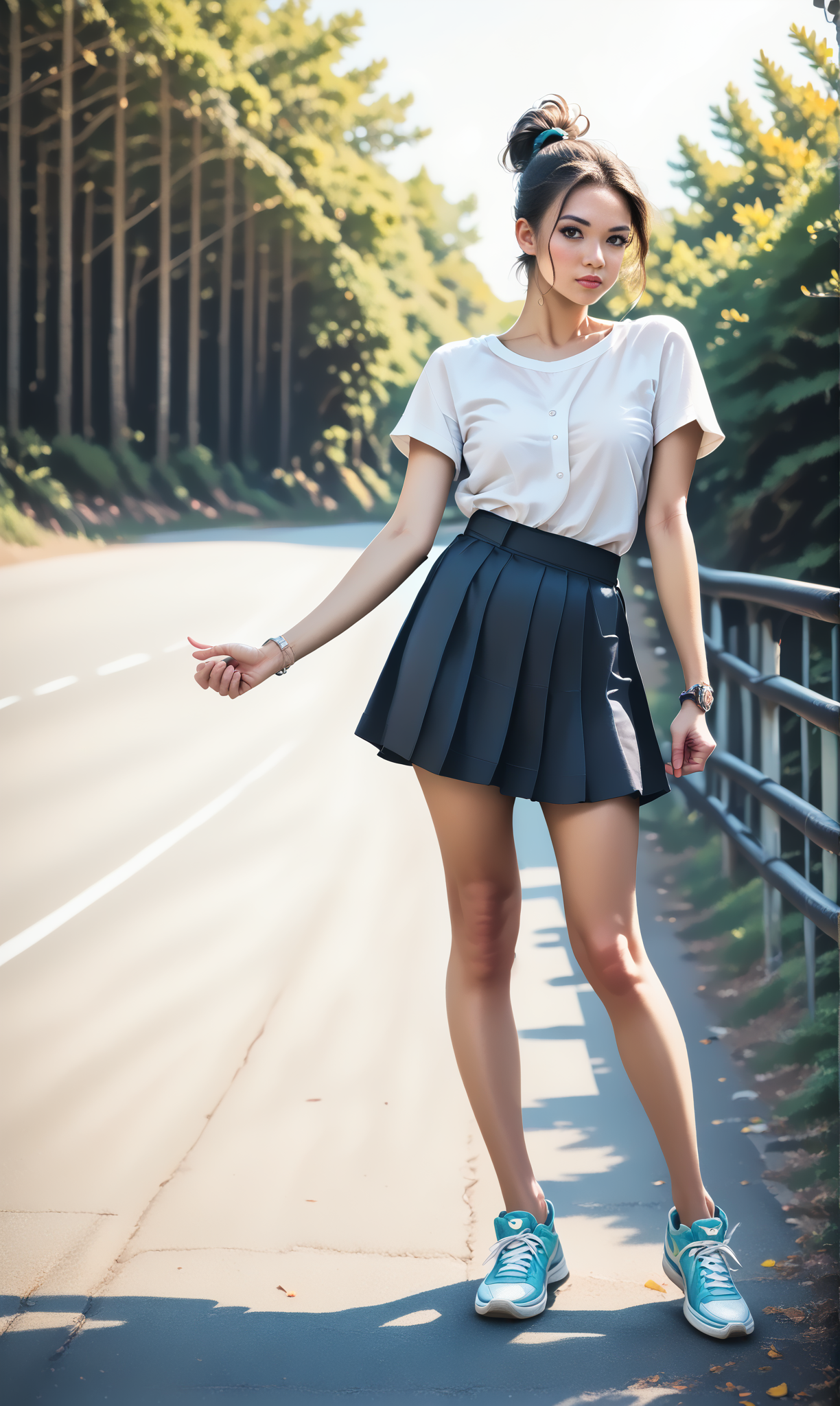 score_9, score_8_up, score_7_up, BREAK, hiHike, front view , (slim woman) standing at  road. The woman wears black short skirt and blouse, sneakers and has short brunette ponytail .
 <lora:HitchhikePony:1>