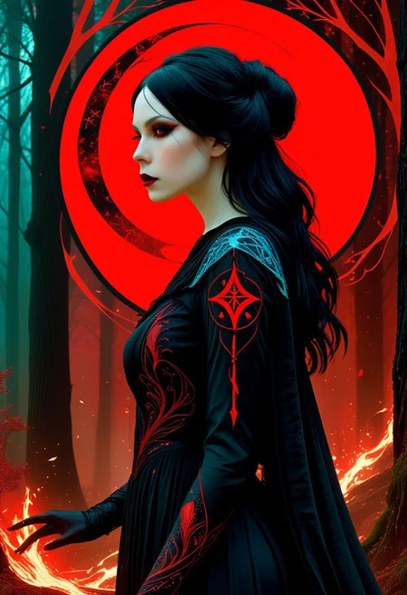 Silhouette Art, magnificent. female dark mage, long black hair, bangs, dark eyeshadow, red lips, porcelain pale skin, imbued with a dark malevolent beauty, sexy black mage gown featuring arcane symbols embroidered in its fabric, closeup portrait, abstract red-tinged background suggesting a forest glade
BREAK
cinematic angle, unique perspective, dramatic lighting
BREAK
Release me in the fray
Your fever driven craze
Release me, devastatе
Let Hircine guide your way into thе bloodlust