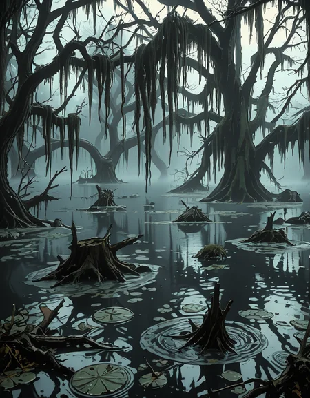 A dark and eerie swamp shrouded in thick mist, with twisted, gnarled trees rising from the murky water. Their bare branches reach out like skeletal fingers, draped in long, hanging moss. The water is still, reflecting the dim, overcast sky, with occasional ripples hinting at unseen movements beneath the surface. In the distance, decaying wooden structures, possibly remnants of an abandoned cabin or pier, are partially submerged and covered in moss. The air feels heavy and damp, filled with an eerie silence except for the occasional distant croak of a frog or the rustling of unseen creatures. Faint, ghostly lights hover above the water, casting an unnatural glow. The atmosphere is ominous and foreboding, evoking a sense of mystery and unease.
<lora:SDXLFaeTastic2400:0.4> <lora:extremely_detailed:0.4> extremely detailed, <lora:0m1n0us_sw4mp_ill:1>,0m1n0us sw4mp, Masterpiece,best quality,hi res,8k,hi res,8k,award winning,(sharp focus, intricate, highly detailed),