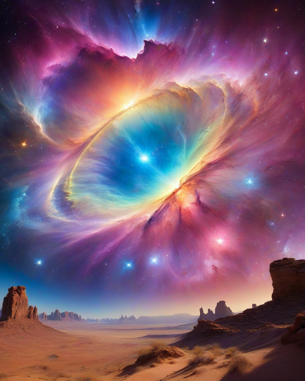 (Masterpiece, Best Quality, Highres:1.2), photoreal cinematic of a desert, background a distant rainbow ring nebula, high fidelity, clarity, realistic, 4k, masterpiece