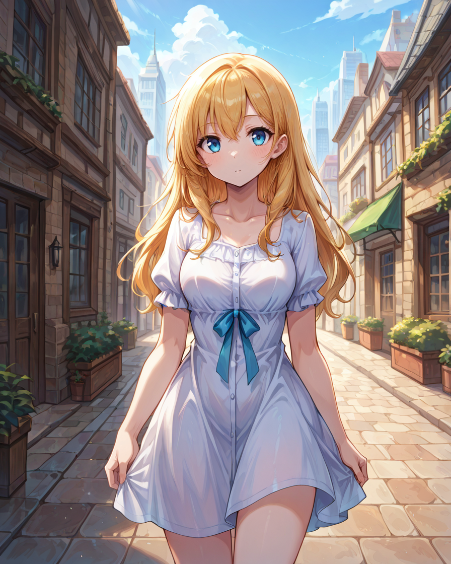 masterpiece, best quality, 1girl, solo, outdoors, dress, standing,  <lora:IndigoToonMix_Style_IL:1> itmstyle, blue eyes, long hair, blonde, city