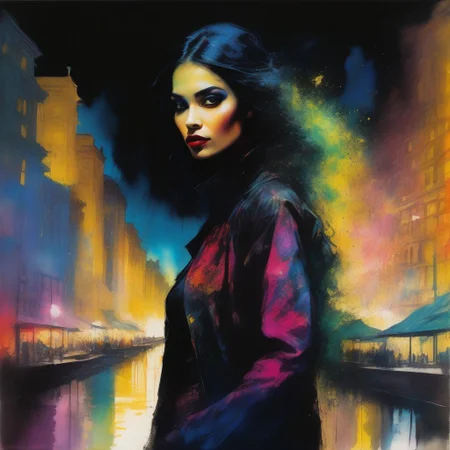 Charcoal and paint, impressionistic bidimensional a biracial goth girl, dressed in vibrant colours instead of black, superhero action pose. Glowing magics encircle her. (Full body), watercolor (monet:1.2) dadaistic collage (by Bill Sienkiewicz:1.5), night city. Beautiful face. resplendent spotlight effect, alcohol and gold leaf highlights. Very detailed.
