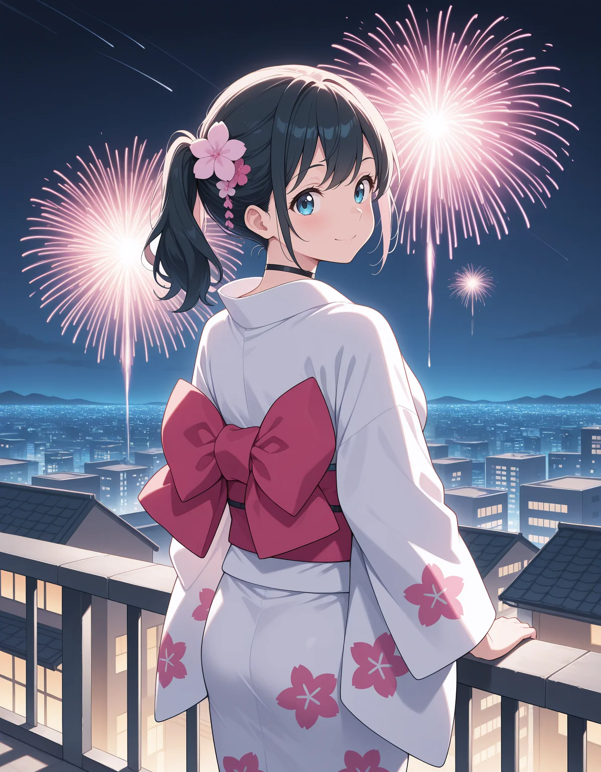 (masterpiece,best quality:1.2),amazing quality,very aesthetic,absurdres,newest,
1girl, solo, hina_amano_\(weathering_with_you\), (black hair:1.1), medium hair, ponytail, blue eyes, black choker, white kimono, floral print, pink hair flower,
standing, from behind, looking back, looking at viewer, smile, outdoors, (rooftop:1.1), (night:1.1), (fireworks:1.1), large city,
<lora:hina_amano_illustrious:1>
