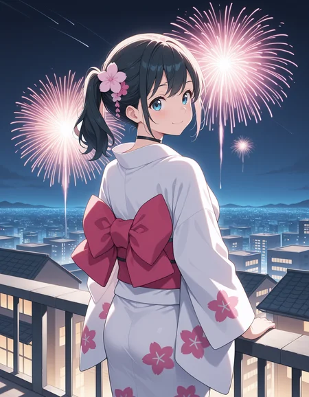 (masterpiece,best quality:1.2),amazing quality,very aesthetic,absurdres,newest,
1girl, solo, hina_amano_\(weathering_with_you\), (black hair:1.1), medium hair, ponytail, blue eyes, black choker, white kimono, floral print, pink hair flower,
standing, from behind, looking back, looking at viewer, smile, outdoors, (rooftop:1.1), (night:1.1), (fireworks:1.1), large city,
<lora:hina_amano_illustrious:1>