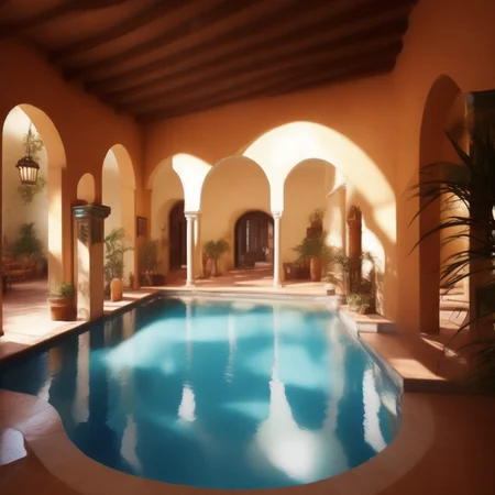 <lyco:Spanish_style_interior_design_Sa_May:1.0> Spanish style interior swimming pool