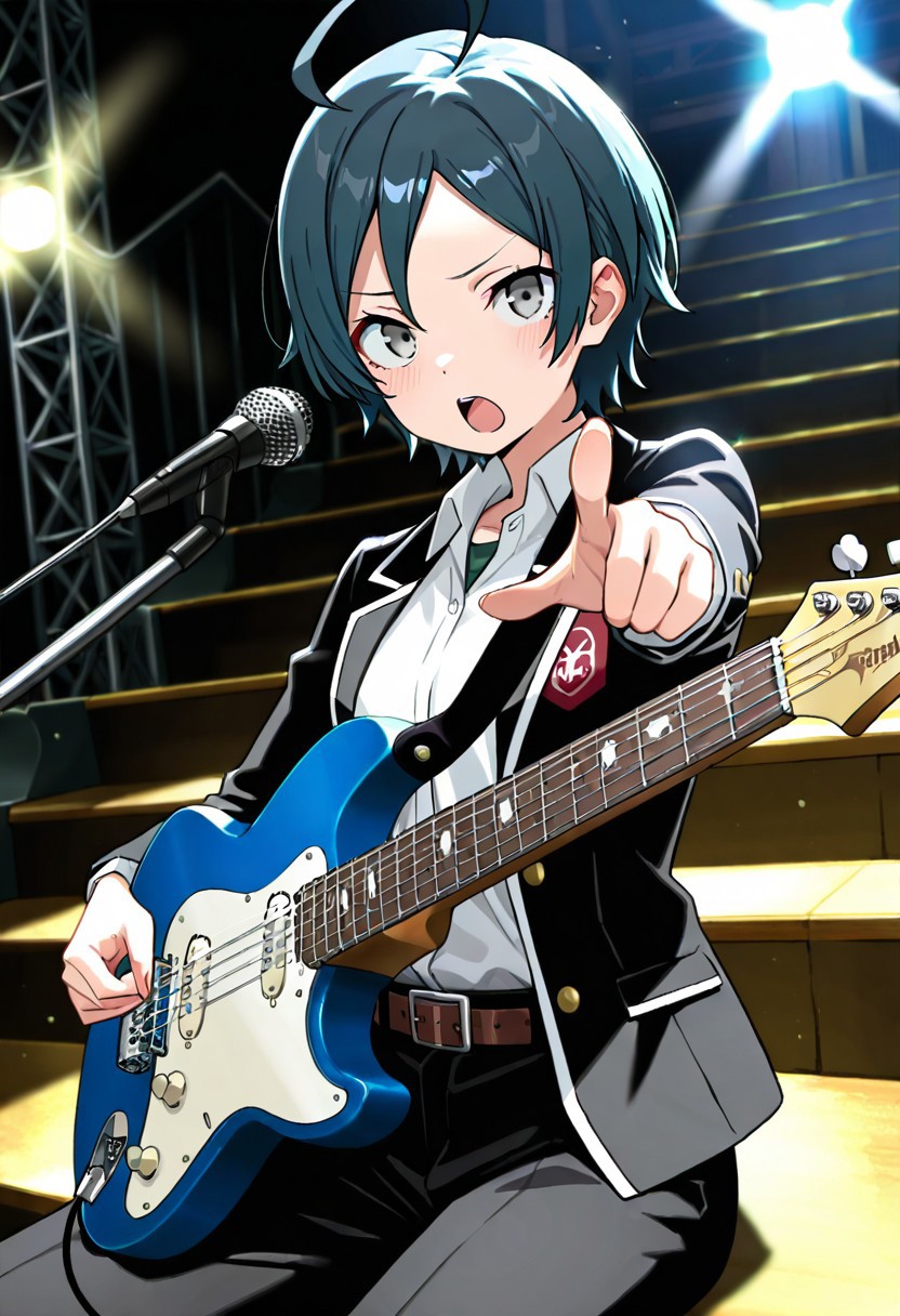 (masterpiece, best quality:1.4), looking at viewer, cowboy shot, outdoors, stairs, sitting, hachiman hikigaya Oregairu, ahoge, grey eyes, black pants, school uniform, black jacket, open jacket, white shirt, belt, playing instrument, electric guitar, singing, pointing at viewer, stage lights, dark background, ,masterpiece,best quality,amazing quality, <lora:hachiman_hikigaya_v1:0.7>