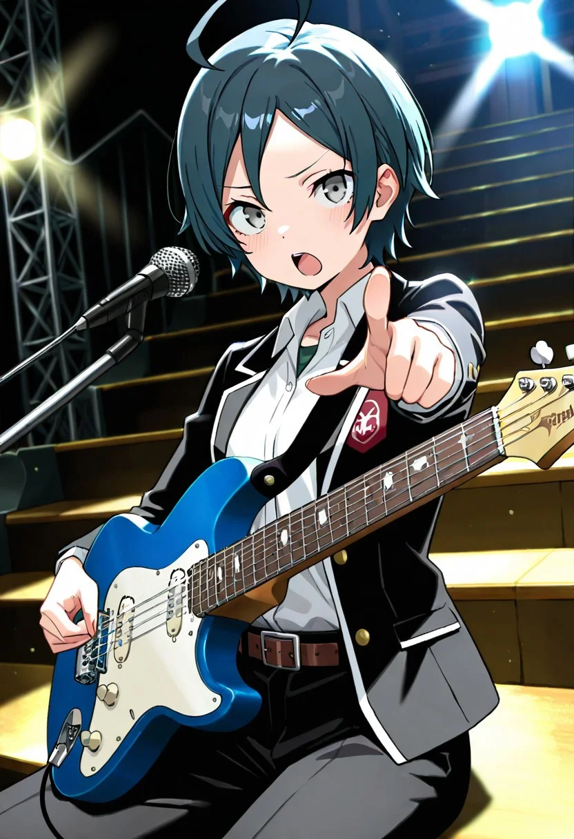 (masterpiece, best quality:1.4), looking at viewer, cowboy shot, outdoors, stairs, sitting, hachiman hikigaya Oregairu, ahoge, grey eyes, black pants, school uniform, black jacket, open jacket, white shirt, belt, playing instrument, electric guitar, singing, pointing at viewer, stage lights, dark background, ,masterpiece,best quality,amazing quality, <lora:hachiman_hikigaya_v1:0.7>