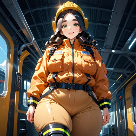 PonyScores7, source_anime, rating_safe, ah1, 1girl, (curly hair), long hair, (black hair), mature female, (parted hair:1.7), (round face:1.2), (no_bangs:1.3), (no_fringe:1.6), (thick eyebrows), (curvy), round-chin, (greenish hazel eyes), caucasian, (downturned eyes:1.2), (plump face), <lora:ETO_OCPonyXL:0.5> eto_oc, skindentation, (plump:1.2), thick thighs, wide hips, busty, voluptuous, kinky curls, lips, bad-hands-5, <lora:venus body PonyXL:0.8>, <lora:xl_more_art-full_v1:0.4>, <lora:shinyskin2:0.3> glistening skin, <lora:aesthetic_anime_v1s:0.4>, <lora:Expressive_H:0.4> Expressiveh, <lora:hairdetailpxl:0.4> hairdetailpxl, <lora:EpicF4nta5yXL:0.4>, <lora:detailxl:0.4> detailxl, <lora:Fant5yP0ny:0.4>, best quality, amazing quality, best aesthetic, absurdres, <lora:expressive eyes:0.4> expressive eyes, <lora:eyedetailpxl:0.4> eyedetailpxl, illustration, Volumetric_Lighting, ultra-detailed, very aesthetic, intricate details, 8k, masterpiece, best_quality, smile, (From below, looking straight up at the subject), (standing_on_shoulder), (Futuristic train station with high-speed trains and levitating platforms), (heavy-duty jacket with reflective piping, bunker pants with reinforced cuffs, firefighter helmet with neck flap, steel-toed work boots), <lora:Eyes_High_Definition:0.6> EyesHD,
