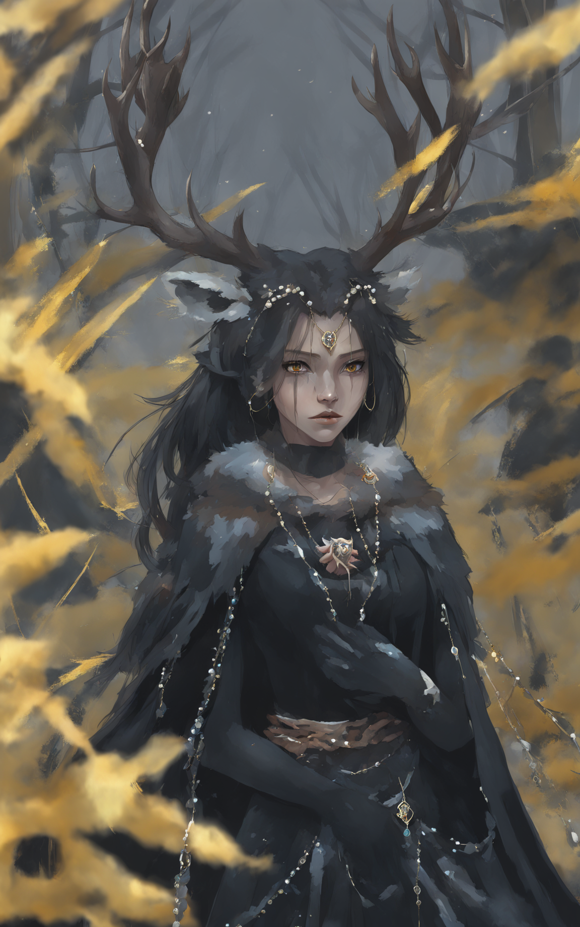impasto, wlop, 1girl, jewelry, black dress, dress, long hair, black hair, necklace, braid, facial mark, gloves, antlers, earrings, cape, belt, deer, animal, looking at viewer, forehead mark, hair bun, black gloves, beads, yellow eyes, hair ornament, weapon, breasts, closed mouth, solo, fur trim, circlet, wolf, branch, brown hair, medium breasts, lips, cloak, petals