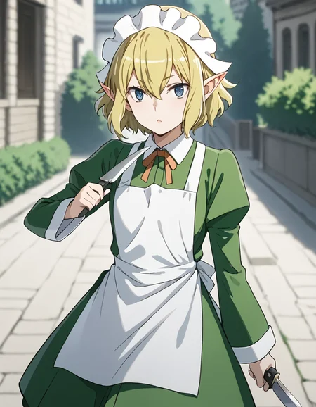 score_9, score_8_up, score_7_up, source_anime, BREAK
1girl, blurry backround, outdoors, solo, looking at viewer, knife, dual wielding,
ryuu lion, short hair, blonde hair, hair between eyes, pointy ears, blue eyes,
waitress outfit, maid headdress, neck ribbon, green dress, collared dress, white apron, juliet sleeves, long sleeves, black pantyhose, boots,
attacking pose,
<lora:ryuu_lion_anime_v2-soralz:1>