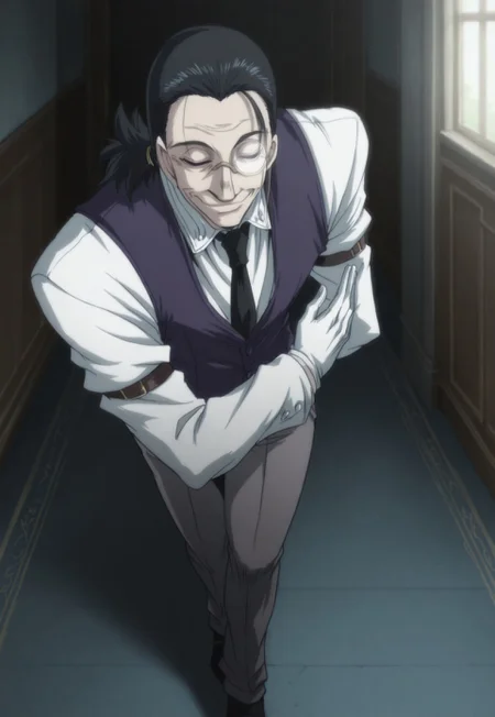 safe_pos, score_9, score_8_up, score_7_up, masterpiece, best quality, OldWalter, male focus, 1boy, wrinkled skin, male, solo, blue eyes, black hair, back slicked ponytail, monocle, white shirt, black necktie, blue vest, white gloves, grey pants, black shoes, smile, closed eyes, perspective, glowing monocle, butler bowing, day, indoors, manor, hellsing_ultimate_style