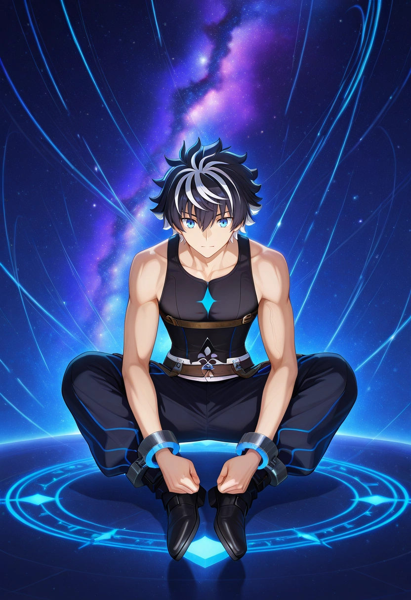 masterpiece, best quality, intricate details, anime screencap, , official style, , 1boy, solo, male focus, <lora:charlemagne_fate_ilxl:0.9>, charlemagne_fate, black hair, blue eyes, multicolored hair, white hair, two-tone hair, short hair, hair between eyes, bangs, streaked hair, , nebula sanctum, cosmic mosaics, glowing domes, star trails, meditating pose, inspired expression, galaxy glow, Cuffed pants, Sleeveless tank top, Oxfords, ,