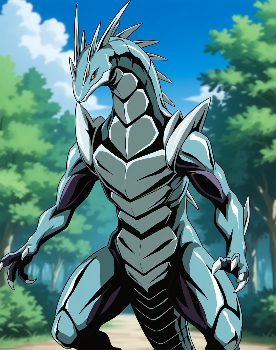 <lora:Metallisaur_(Shinzo)_(Illustrious)_(AD):1.35> Metallisaur, monster, Shinzo, 
((
exterior, vivid anime blue sky with detailed clouds, forest, 
dynamic action, monster, wide upper body, tail, thick thighs, thick body, male focus, ridged front body, ridged stomach, ridged chest, ridged neck, made of metal, end boss, unstoppable, strong, glossy metal body, rawr, 
)), 
BREAK: very awe, aesthetically pleasing, masterpiece, best quality, amazing quality, very aesthetic, perfect depth of field shot, 
masterpiece, best quality, amazing quality, very aesthetic, high resolution, ultra-detailed, absurdres, newest, scenery, {Prompt}, BREAK, detailed background, detailed hair, depth of field, volumetric lighting, 
BREAK: lazympos, lazypos (3),