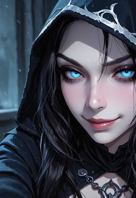 highres, very detailed, amazing quality, masterpiece,
very aesthetic,
particle effect,
1girl, pale skin, long hair, black hair, blue eyes, nocturnaldg, hood, dress,
looking at viewer,
seducing, seductive, flirty, tender, smirk, loving, playful,
Close-up,