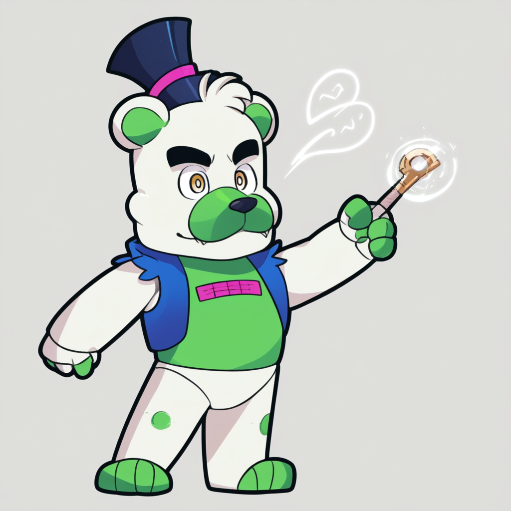 source_anime, colorful, score_9, score_8_up, score_8, (masterpiece), BREAK, 1boy,  chibi, <lora:saucebear_ponyxl-10:1.4>  (saucebear), blue hat, bear ears, yellow eyes, white fur, green chest, blue vest. simple background,  <lora:add-detail-xl:1.0>