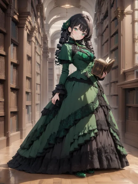 8k, masterpiece, highly detailed,
1girl wearing an emerald green (victorian dress), <lora:victorian_dress-XL-2.0:1>
black hair, ringlets, green eyes,
full body, head tilt, holding a book, library, black lace
