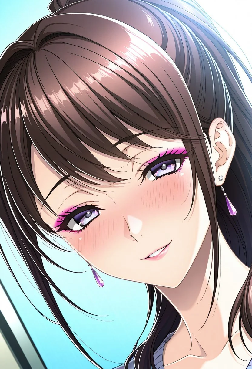 masterpiece, best quality, newest, highres, uncensored, 1girl, yokota mamoru style,1girl, slender face,motion lines,blush,torogao,looking at the viewer,seductive smile
Ichinose Ayako,Brown Hair, Ponytail, Shoulder-length Hair,Long Hair, Sidehair, Straight Hair,Violet Eyes,Slim
1girl,solo
1girl,solo, open eyes,smile with love, makeup, earrings, jewelry, long hair, blush, close-up, dutch angle, portrait