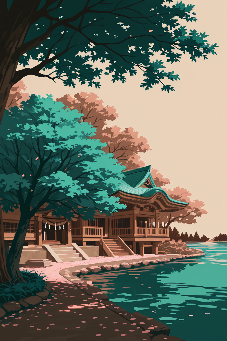 flat color, monochrome-silhouette focus, scenery focus, temple exterior, architecture, flag pole, japanese temple, shinto shrine, tori gate, tree, cherry blossom, river, negative space, brown theme, teal theme, simple background, cinematic, dynamic angle, surreal, scenery, asymmetrical, masterpiece, best quality, amazing quality, very aesthetic, absurdres, newest, very awa