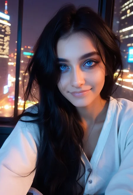 Score_9, Score_8_up, Score_7_up, 1girl, Indian Girl, rsgrl, russian girl, , 25 years old, young woman, upper body close-up, long pitch-black hair, flowing silky straight hair, smooth skin, bright blue eyes solo, simple pajama, top floor penthouse window, sitting by the window, moody lighting, dynamic lighting, cyberpunk city background, blur background, looking_at_viewer, smile, 
rsgrl, russian girl, , btiflgrlsnrv4, Avatar navi alien with blue skin, Indian girl , Indian beauty, most beautiful and attractive, sexy body,