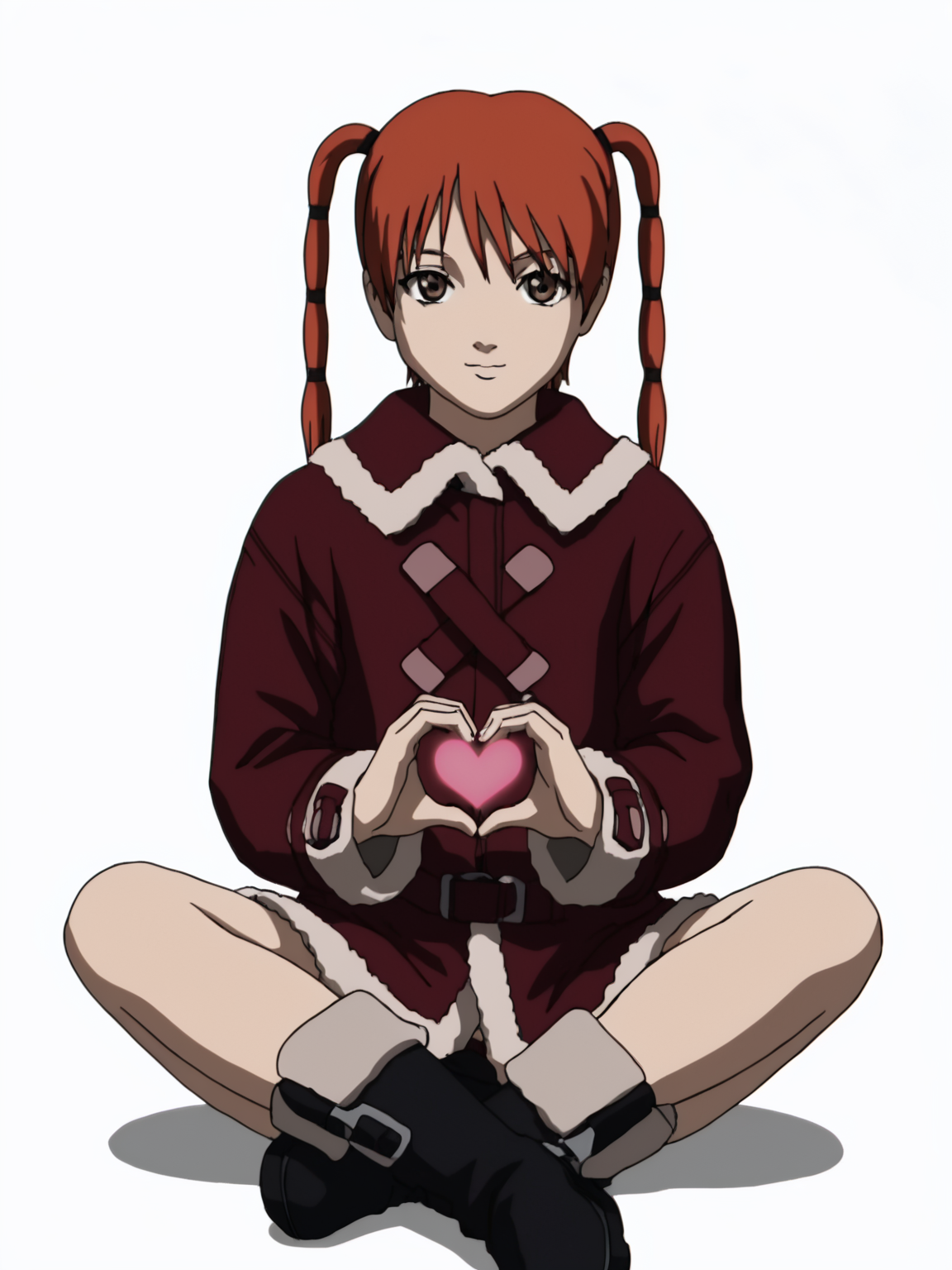 score_9, score_8_up, score_7_up, score_anime, rating_explicit, uncensored, BREAK 1girl, <lora:Ran_Theoria_PDXLv0.1:0.8> ran_theoria, coat, heart hands, heart, anime screencap, 1990s \(style\), looking at viewer, sitting, boots, black footwear, white background,
