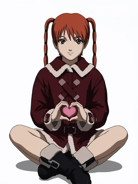 score_9, score_8_up, score_7_up, score_anime, rating_explicit, uncensored, BREAK 1girl, <lora:Ran_Theoria_PDXLv0.1:0.8> ran_theoria, coat, heart hands, heart, anime screencap, 1990s \(style\), looking at viewer, sitting, boots, black footwear, white background,