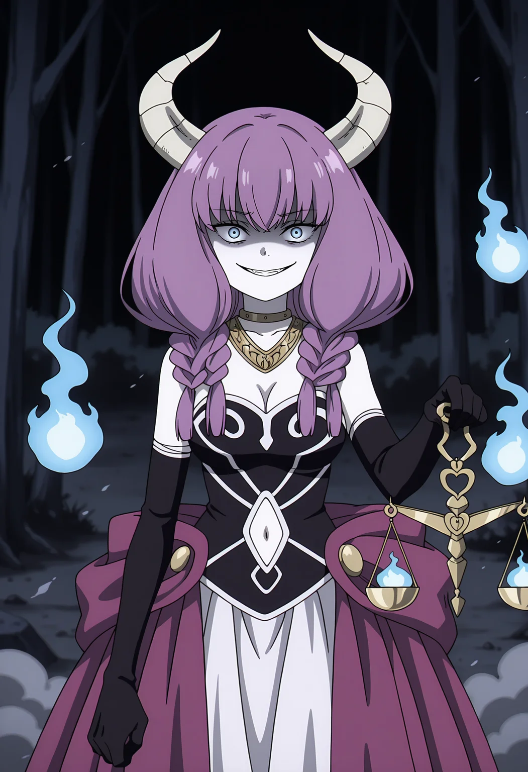 anime screencap, masterpiece, best quality,
<lora:SousouNoFrieren_Aura_IlluXL:0.9>,
1girl, solo, crazy smile,
purple hair, low-braided long hair, blue eyes, demon horns,
AuraSSnF, neck ring, necklace, black corset, medium breasts, cleavage, navel cutout, white skirt, overskirt, purple skirt, elbow gloves, black gloves,
holding scale, arm at side, balance scale, hitodama,
standing, looking at viewer, aura, grayscale,
horror theme, dark, night, forest, black background, dust, dust cloud, night sky, blurry background